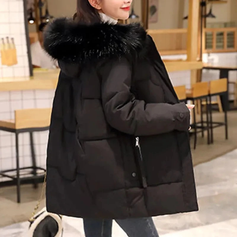 Women's Down Parkas Hdspq Women Cotton Padded Jacket Winter Fur Collar Hooded Thicken Parka Woman 2023 Casual Pockets Zipper Outerwear Female 231