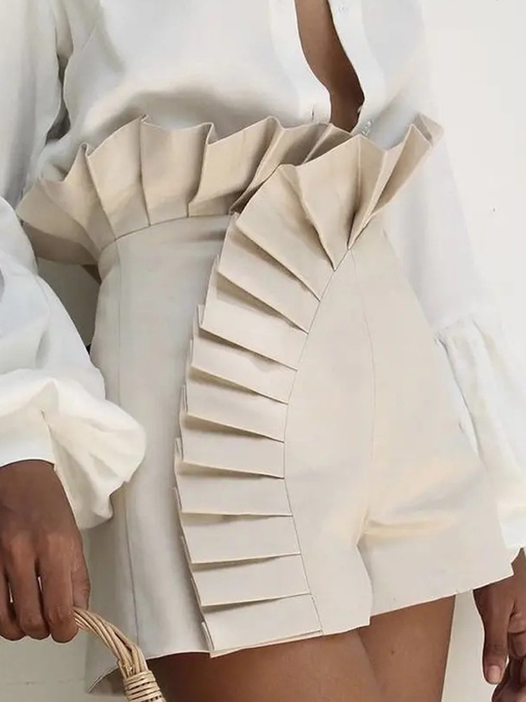 Women's Short's Bottom Ruffle Hem Shorts Pleated High Waist Solid 2023 Fashion Pant Elegant Summer Casual Female Clothing Outfits 230426