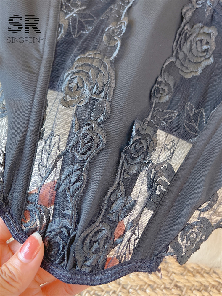 Camisoles Tanks SINGREINY Black Embroidery Floral Lace Camisole Patchwork Women Mesh Strap Slim Elastic Waist Lady Party Club Outwear Tank Top 230426