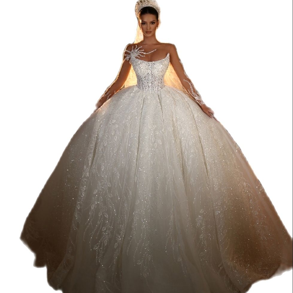 Princess Ivory Lace Wedding Dresses Ball Gown Illusion Long Sleeve wers Appliques Mariage Bridal Gowns Vestido de noiva