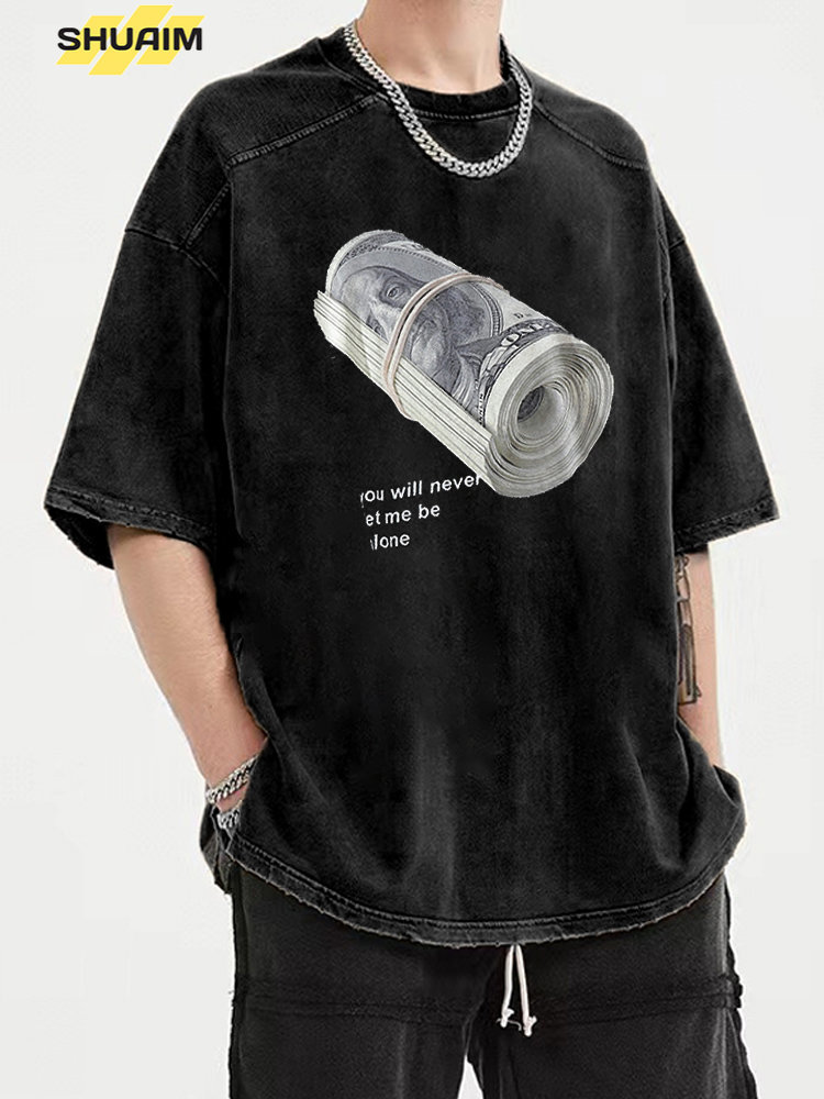 Men's T-Shirts Streetwear Harajuku Washed T-Shirt Men Hip Hop Dollar Bill Printed T Shirt Summer Short Sleeve Tshirt Tops Tees Black 230426