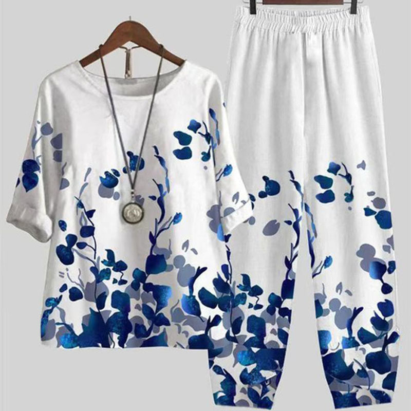 Women's Two Piece Pants Women Vintage Two Piece Set Summer Casual O Neck Flower Print Short Sleeve Shirt High Waist Loose Pants Suit Female Outfi