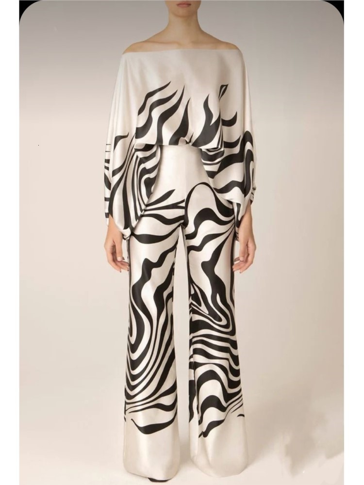 Women's Two Piece Pants Chic Print Lantern Sleeve Satin Top Wide Leg Pant Suit Women Sexy Off Shoulder Long Sleeve 2 Piece Set Casual Office Lady