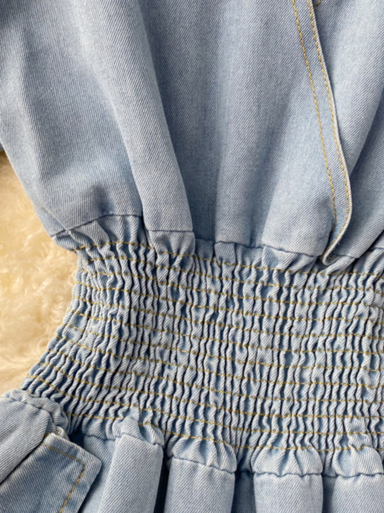 Women's Jumpsuits Rompers EWQ Sweet Style Women Jumpsuits Denim V-neck Short Sleeve Solid Color High Waist Casual Jumpsuit Spring Summer SN0540 2