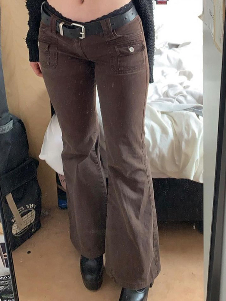 Women's Shorts Rapcopter Y2K Brown Flare Jeans Solid Pockets Kawaii Trousers Low Waisted Aesthetic Grunge Fairycore Joggers Women Casual Basic 23