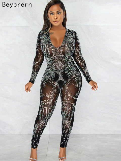Womens Jumpsuits Rompers Beyprern Sparkle Black Silver Rhinestones V Neck Sheer Jumpsuits Women Glitter Long Sleeve Mesh Crystal Romper Nightclub Outf