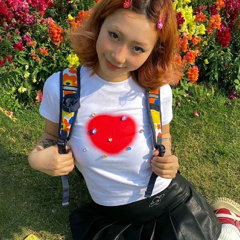 Women's T-Shirt Karrram Y2k Aesthetics Crop Top Grunge Diamond Short Sleeve T-shirt Slim E-girl 2000s Clothes Korean Fashion Streetwear Harajuku 