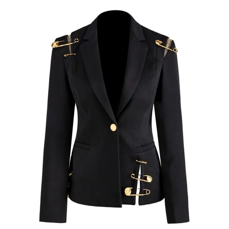 Women's Suits Hollow Out Blazer For Women Lapel Long Sleeve Golden Pins Accessories Split Slim Black Blazers Female 2023 Fashion Style
