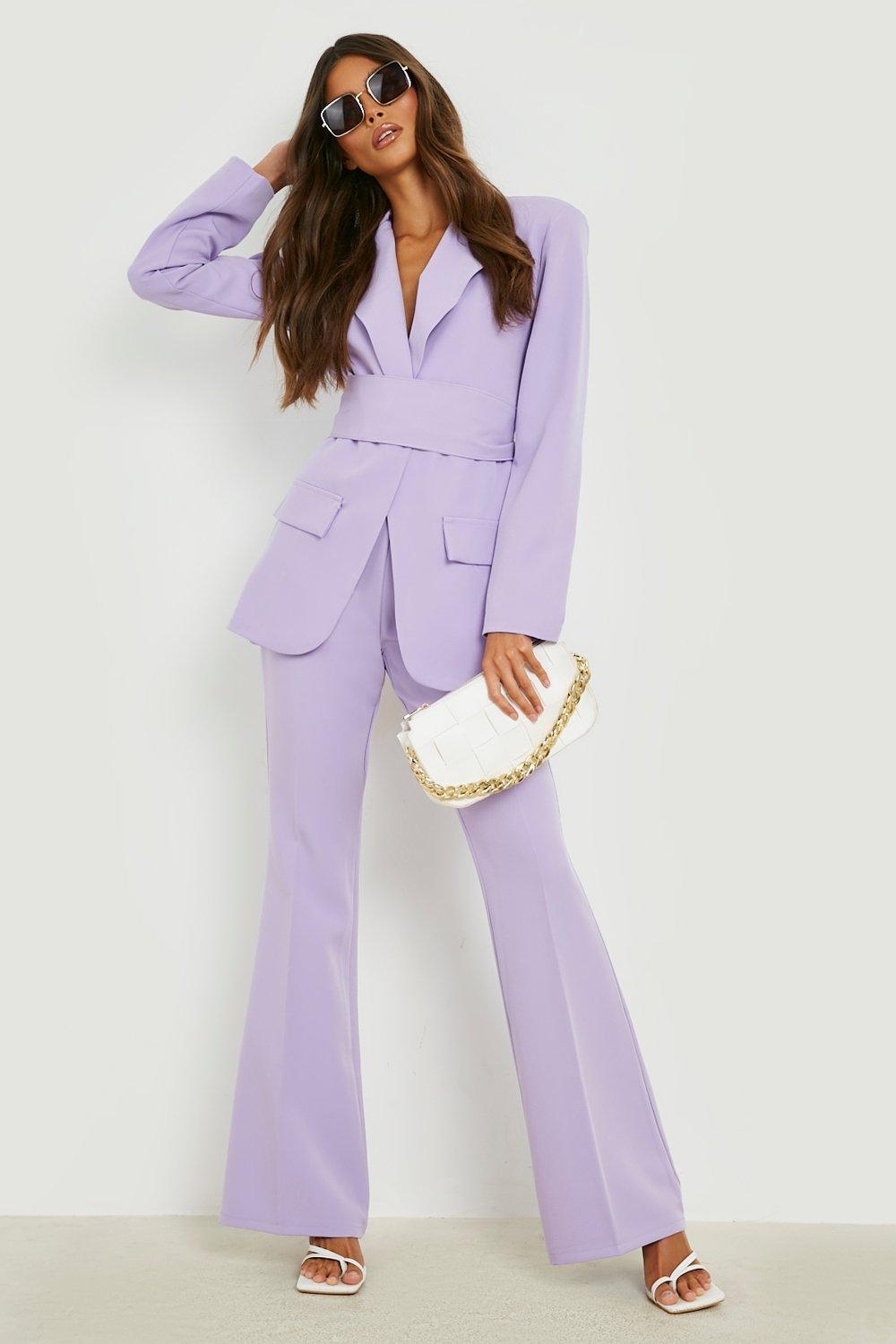 Fashion Purple Slim Fit Women Pants Suits Set Super Long Blazer Wide Leg Custom Made Office Lady Party Prom Dress