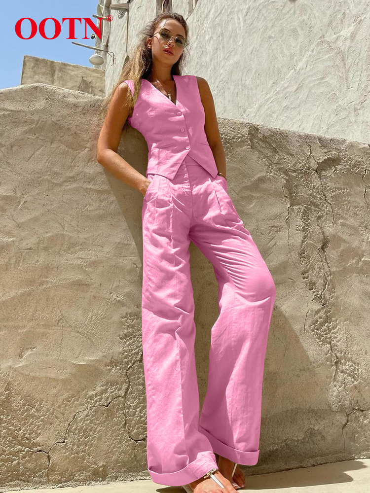 Women's Two Piece Pants OOTN Elegant Cotton Linen Shirts Sets Office Summer V Neck Single Breasted Vest High Waist Long Pants Two Piece Sets Wome