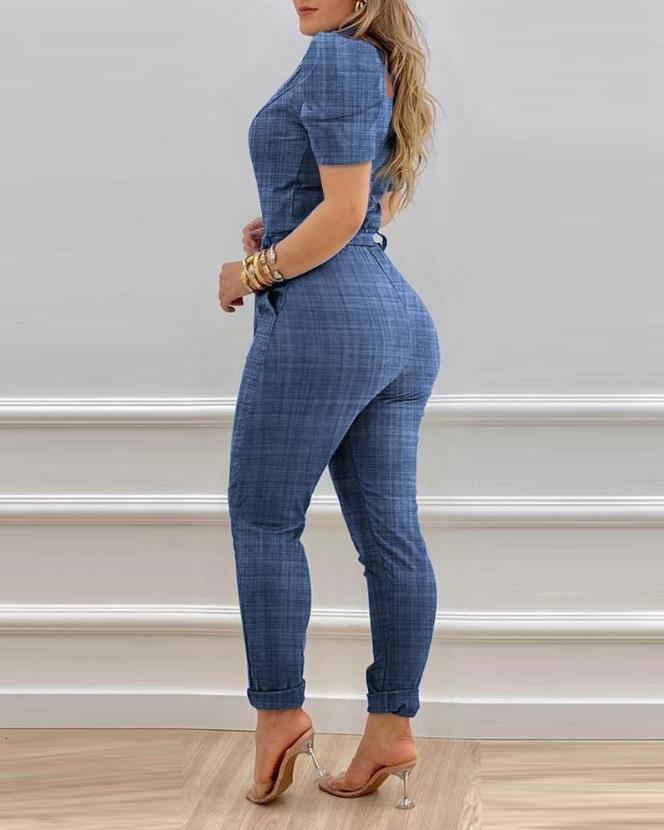 Women's Jumpsuits Rompers Casual women's jumpsuit Summer Fashion Office Zipper with Belt Puff Sleeve Zipper Front Belted Jumpsuit 230426