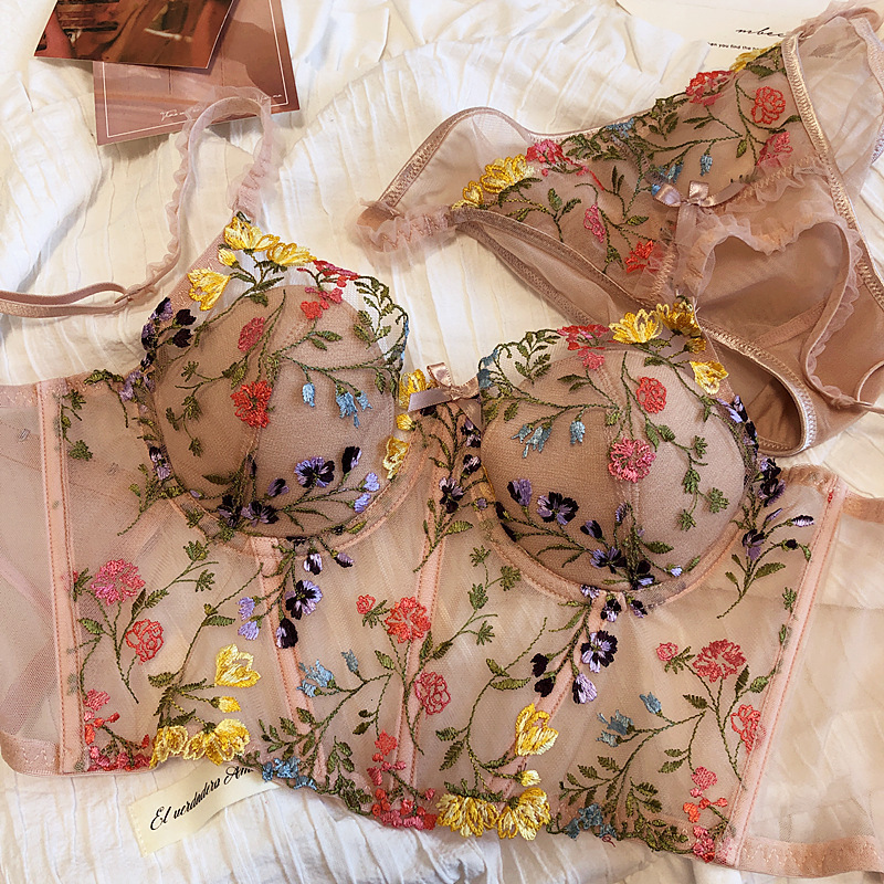Bras Sets 6 Breasted Extended Embroidered Bra And Panty Set Floral Lace Women Underwear Sexy Female Thin Cotton Cup Push Up Lingerie Suit 230426