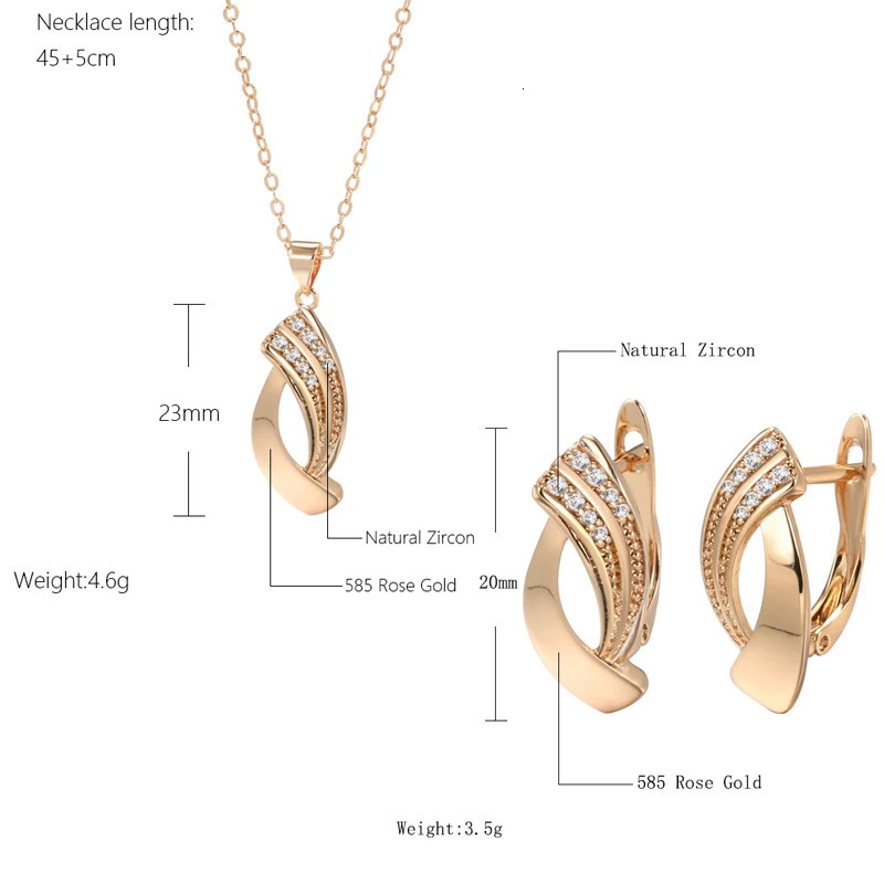 Beaded Necklaces Kinel Trend Glossy Dangle Earrings Necklace Sets 585 Rose Gold Simple Geometry Natural Zircon Women Daily Fine Jewelry 231124