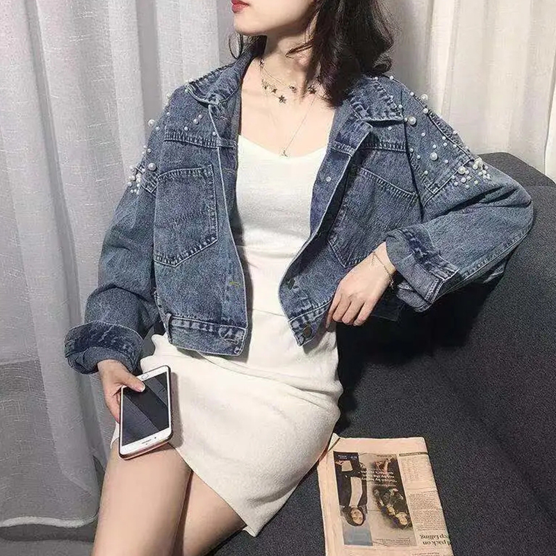 Women's Jackets Rimocy Pearls Denim Coats for Women Fashion Buttons Long Sleeve Crop Tops Woman Blue Loose Streetwear Jackets Female 230426