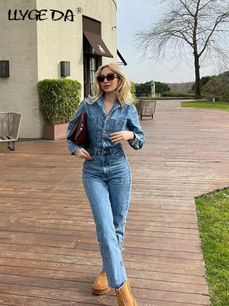 Women's Jumpsuits Rompers Women Denim Jumpsuit Woman Jean Overalls Long Sleeve Elegant Jumpsuits Y2k Streetwear Turn Down Collar Vintage Female 2