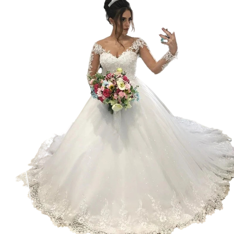 Gorgeous Lace Appliques Ball Gown Wedding Dresses Long Sleeves Ivory Tulle Wedding Gowns Sheer V-Neck Plus Size Bride Dress Custom Made 2024