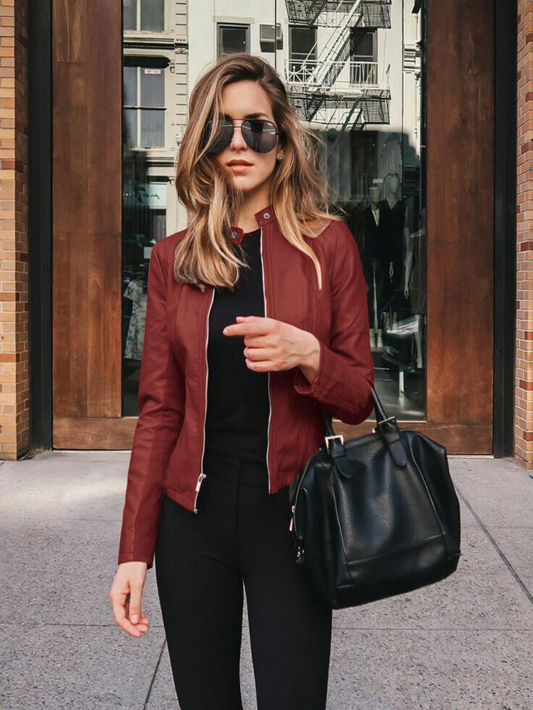 Women's Jackets Women's Jacket Women's Zipper Leather Coat Spring and Autumn PU Coat Fashion Short Thin Solid Color Cardigan Set Top 23