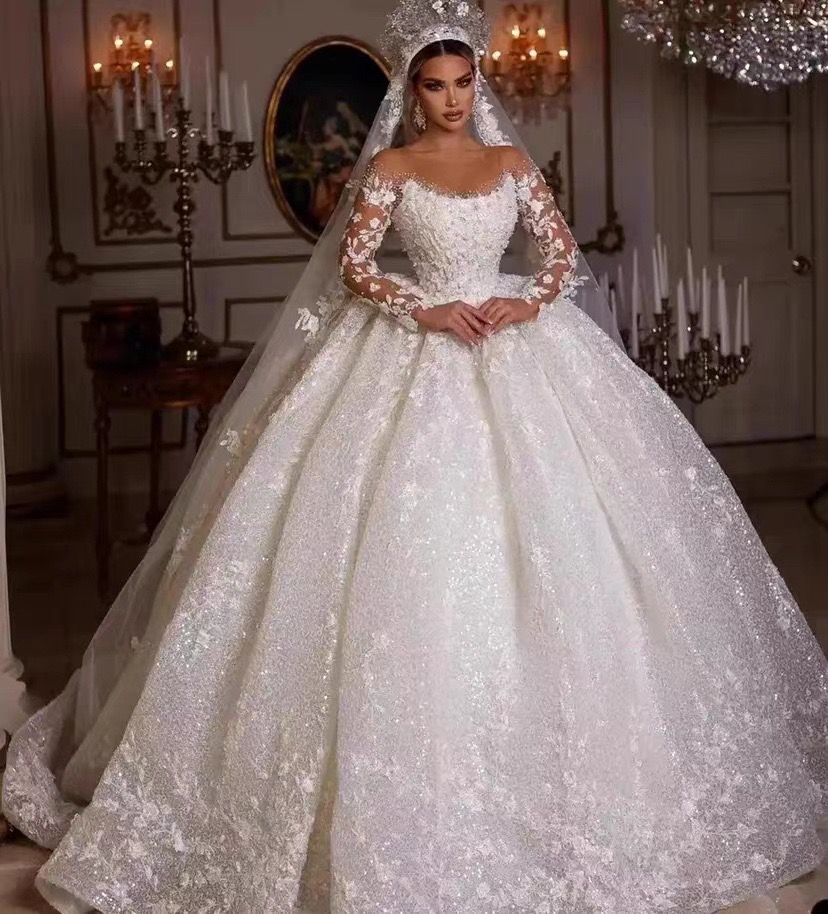 Sleeves Long Shiny Tulle Princess Garden Country Vintage Lace Sexy Plus Size Custom Made Wedding Dresses Ball Gowns Cathedral Train Bridal Dress