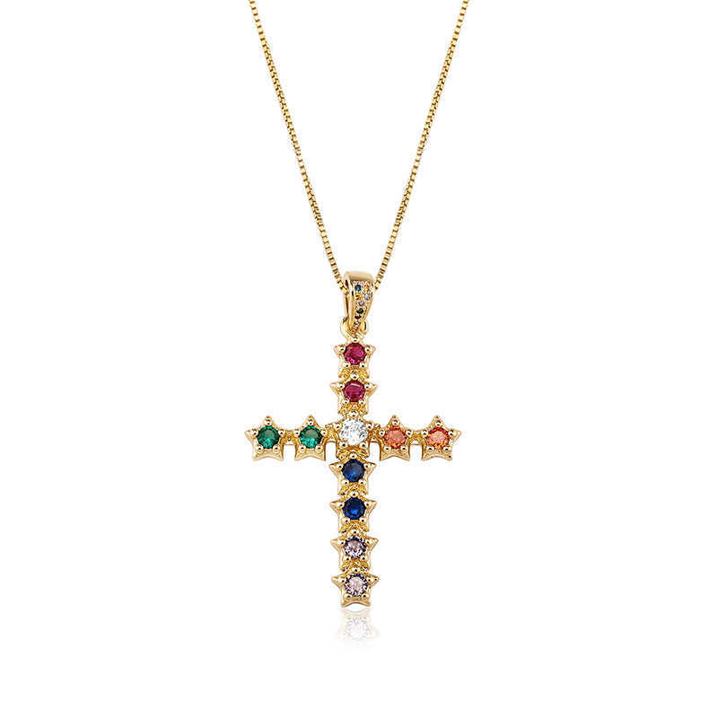 Colorful Full Crystal Spliced Cross Pendant Necklace Iced Out Multi Color Womens Ins Hip Hop Brilliant Starry Sky CZ Stones Jewelry Bijoux Gift For Wo