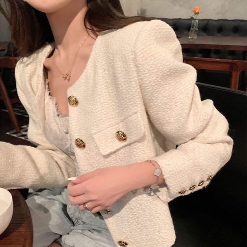 Women's Jackets QWEEK Korean Tweed Jackets Women Oversized Single Breasted Woolen Short Coats Autumn Spring Vintage Outerwear Crop Top 230426