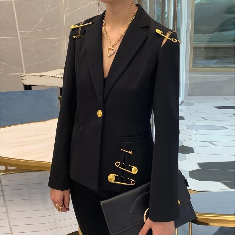 Women's Suits Hollow Out Blazer For Women Lapel Long Sleeve Golden Pins Accessories Split Slim Black Blazers Female 2023 Fashion Style