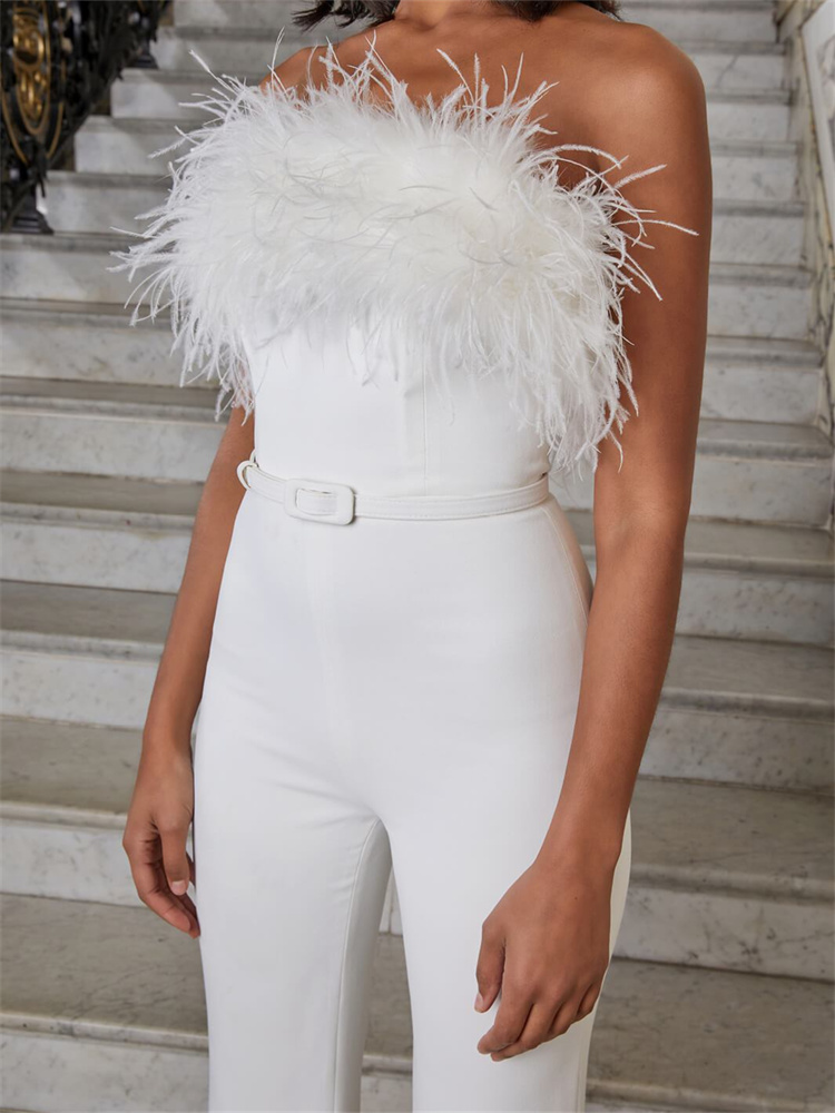 Elegant Feathers Jumpsuits Wedding Dress For Bride Strapless Satin Simple Bridal Gowns Ivory Sexy Women Formal Reception Pants Suits Custom Made 2023