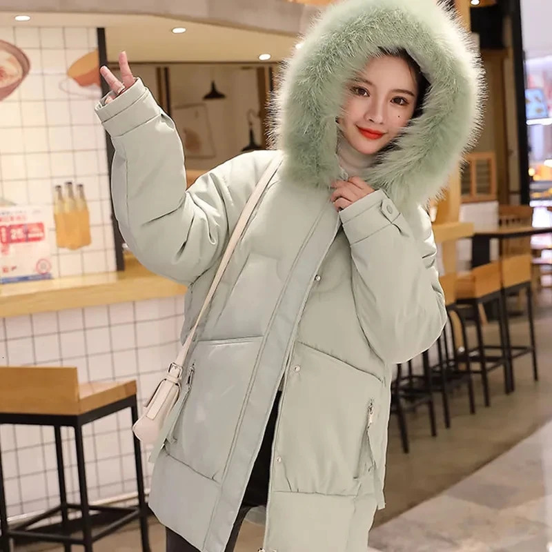 Women's Down Parkas Hdspq Women Cotton Padded Jacket Winter Fur Collar Hooded Thicken Parka Woman 2023 Casual Pockets Zipper Outerwear Female 231