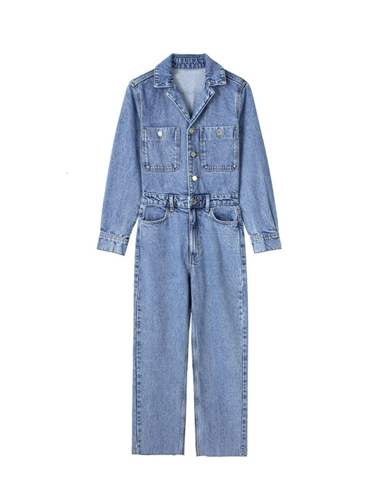 Women's Jumpsuits Rompers Women Denim Jumpsuit Woman Jean Overalls Long Sleeve Elegant Jumpsuits Y2k Streetwear Turn Down Collar Vintage Female 2