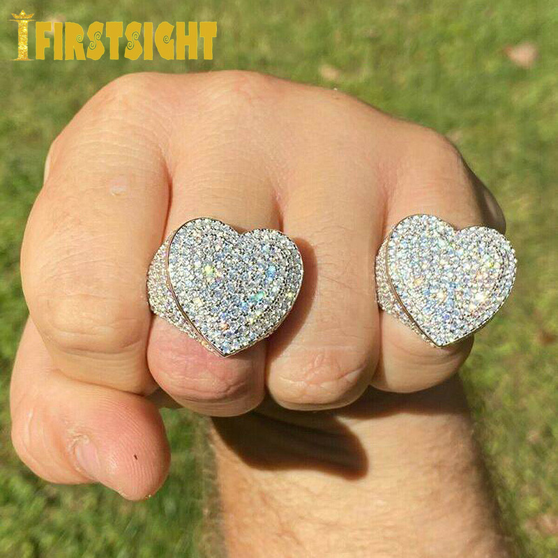 Cluster Rings Iced Out Bling Big Heart Ring Gold Silver Color Rectangle CZ Micro Pave Cubic Zircon Finger Hip Hop Punk Men Women Jewelry 230425