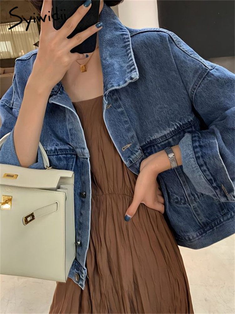 Women's Jackets Syiwidii Denim Jacket Women Vintage Turn Down Collar Long Sleeve Korean Fashion Jeans Jackets Chic Oversized Casual Coats 230426