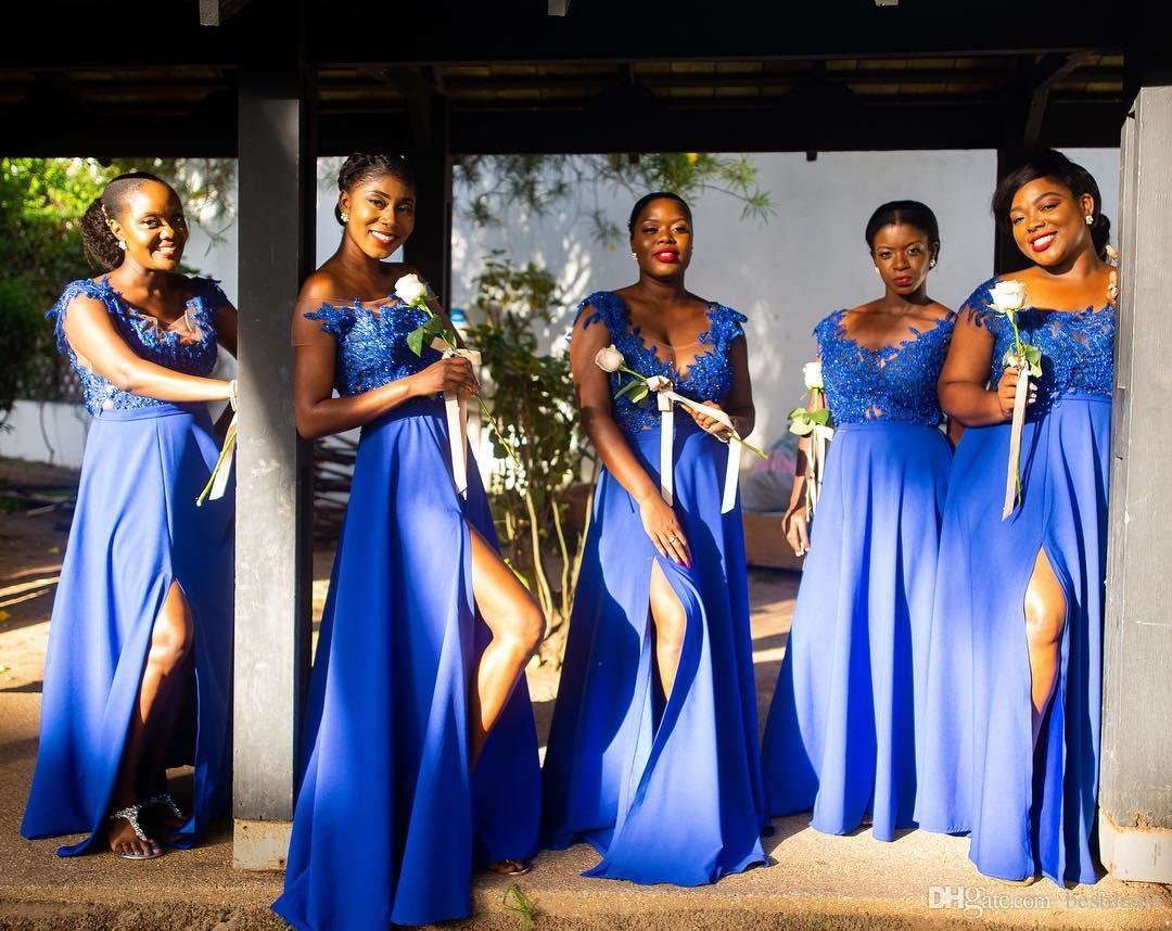 Plus Size African Bridesmaid Royal Blue Lace Appliqued Chiffon Floor Length Split Evening Gowns Custom Made Wedding Guest Dresses 2024