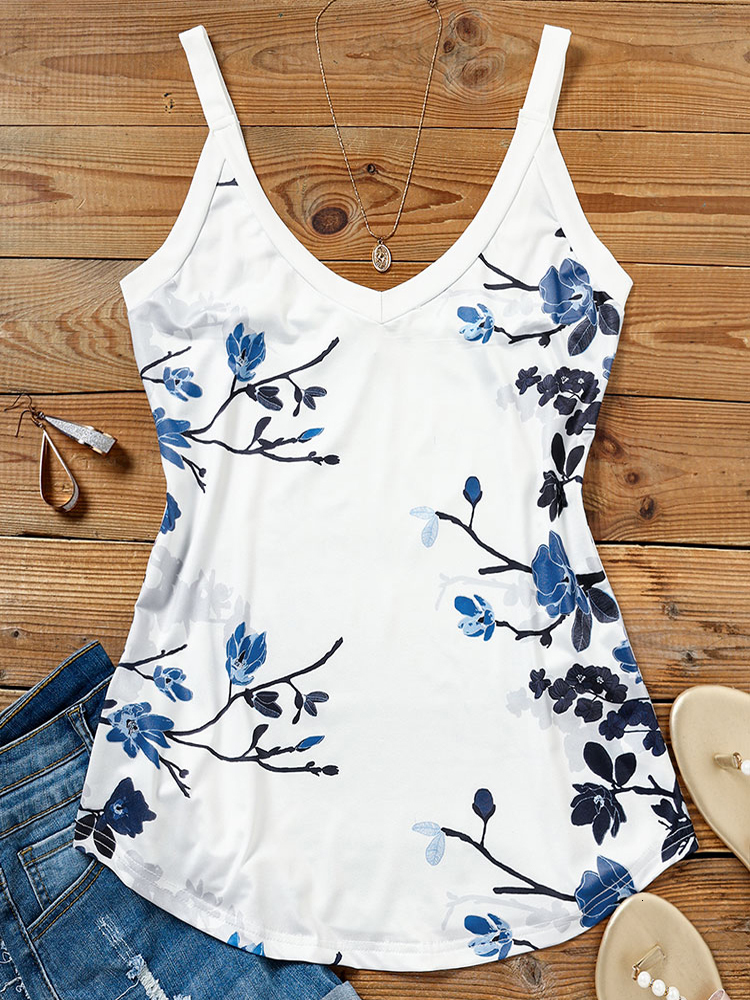 Camisoles Tanks Women V Neck Camisole Spaghetti Strap Floral Print Tank Top and Blouse Summer Sleeveless Shirts Open Back Casual Tank Top 230426