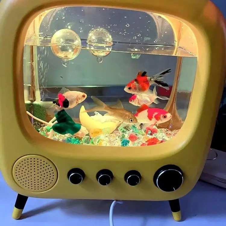 Aquariums Vintage fish tank TV desktop small oxygen children kitten net red aquarium ornaments model 2023 231124