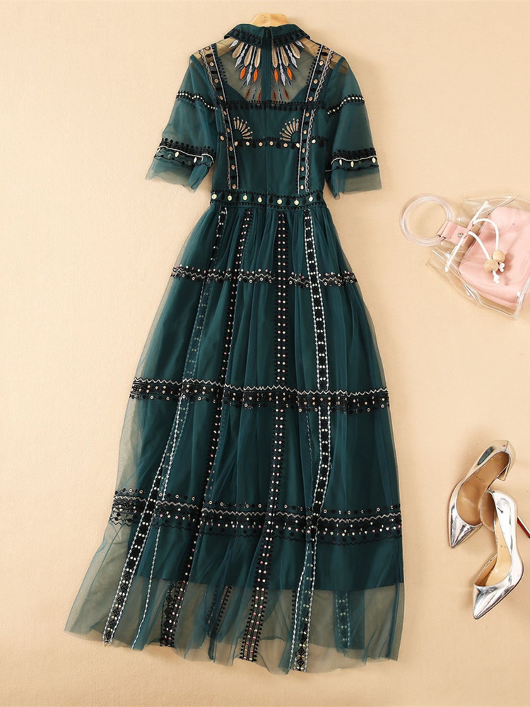 Casual Dresses Summer Runway Green Mesh Embroidery Dress Women's Short Sleeve Vintage Dot Embroidered Tulles Elegant Evening Party Long Vestido 2