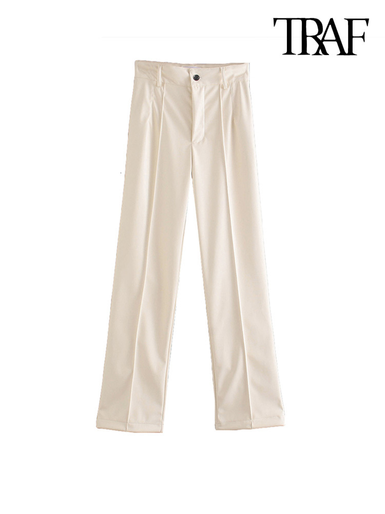 Women's Pants Capris TRAF Women Fashion Faux Leather Straight Pants Vintage High Waist Zipper Fly Female Trousers Mujer 230425