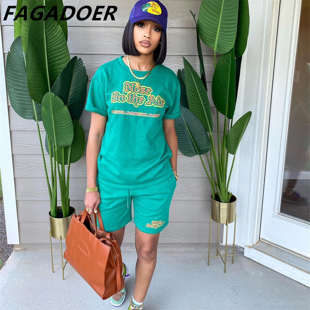 Women's Tracksuits FAGADOER Women Two Piece Sets Summer Letter Print Round Neck Tshirt And Shorts Tracksuits Casual Female Jogger Matching Outfit