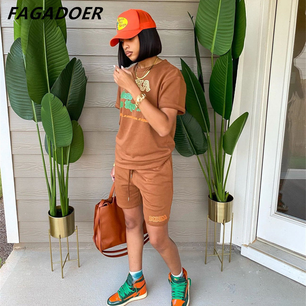 Women's Tracksuits FAGADOER Women Two Piece Sets Summer Letter Print Round Neck Tshirt And Shorts Tracksuits Casual Female Jogger Matching Outfit