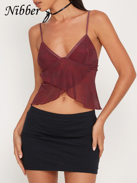 Camisoles Tanks Nibber Mesh See Through Printed Vest Women Sexy Casual V-neck Sleeveless Suspender Camisole Patchwork Tank Top Streetwear 230426