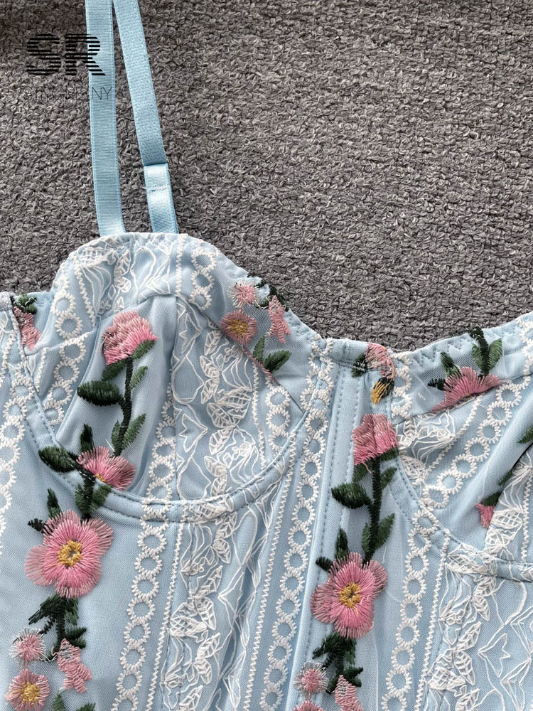 Camisoles Tanks SINGREINY Floral Embroidery Lace Sexy Camisole Fashion Women Backless Blue French Y2K Female Summer Beach Style Crop Tops 230426