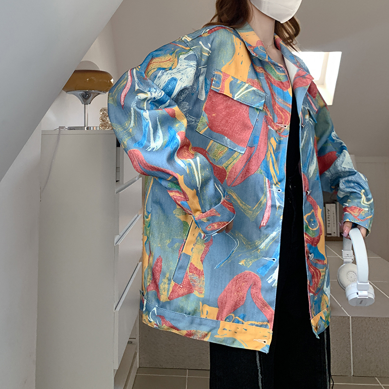 Women's Jackets Spring and Autumn Style Men and Women Couples Colorful Graffiti Workwear Jacket Top Harajuku Tie Dyed Denim Coat Women 230426