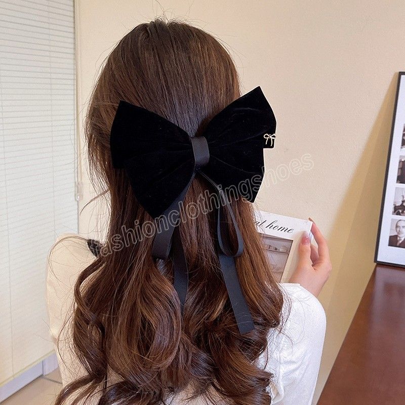 Vintage Black Big Large Velvet Bow Hair Clip For Women Wedding Long Ribbon Korean Hairpins Barrette Hair Accessories