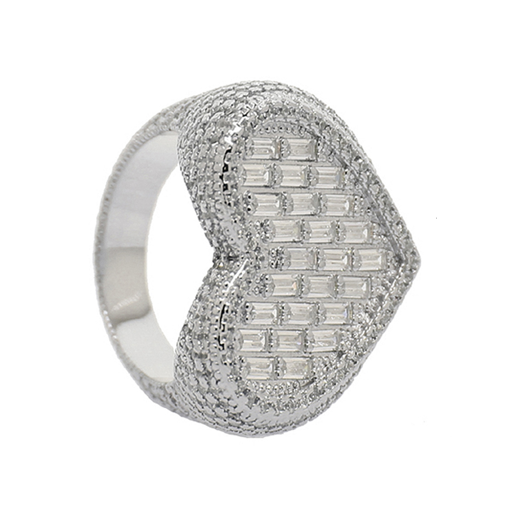 Cluster Rings Iced Out Bling Big Heart Ring Gold Silver Color Rectangle CZ Micro Pave Cubic Zircon Finger Hip Hop Punk Men Women Jewelry 230425