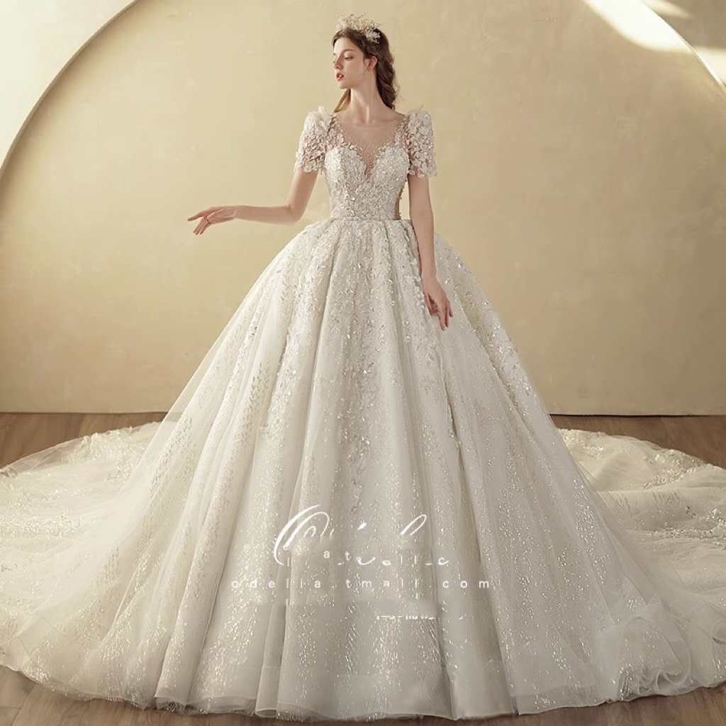 Princess Ball Gown Wedding Dress new 2023 Dubai shiny gown Sequined sweatheart Neck Long Sleeve Beads sweep train Bridal Gowns Crystal Bride robes de 
