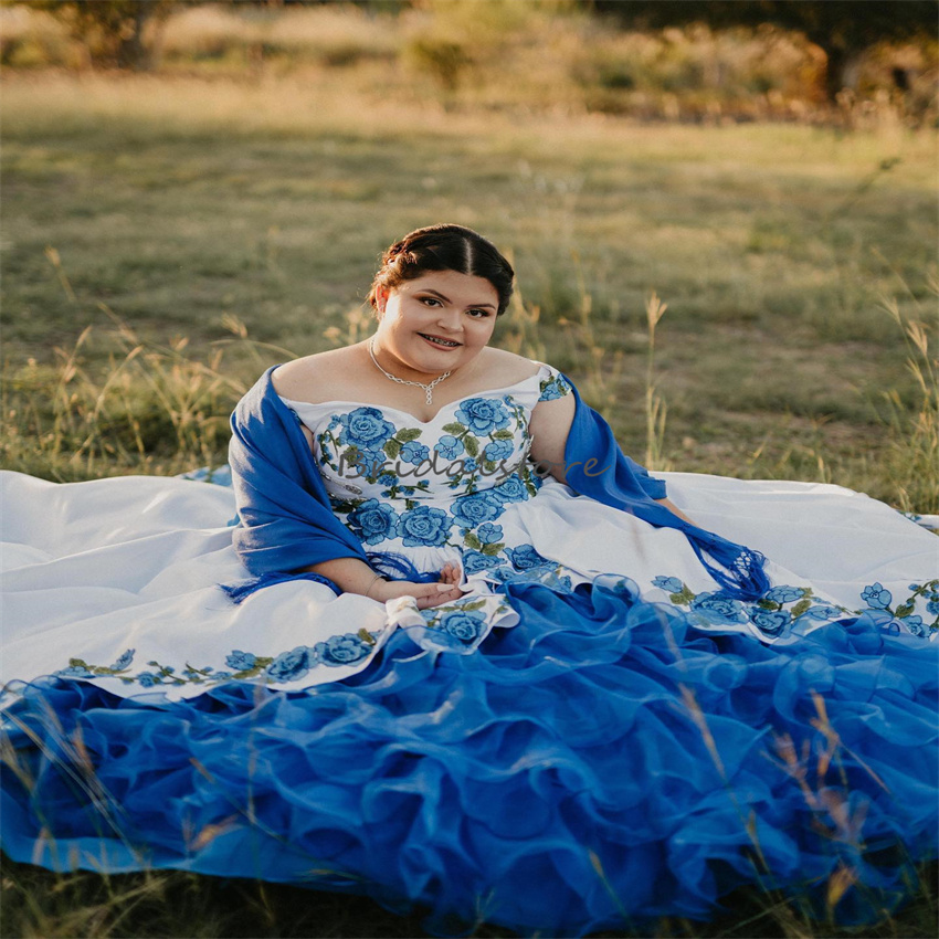 Mexican Blue Charro Quinceanera Dresses 2024 Plus Size Off Shoulders Puffy Prom Dress With Bow Lace Up Tiered Ruffles Flower Vestidos De Xv Sweet 16 B
