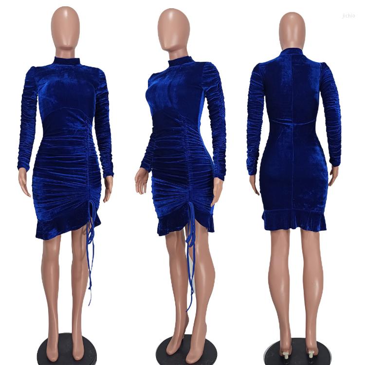 Casual Dresses KEXU Christmas Women Velvet Drawstring Ruched Up Stacked Turtleneck Long Sleeve Ruffles Hem Bodycon Mini Dress Vestidos