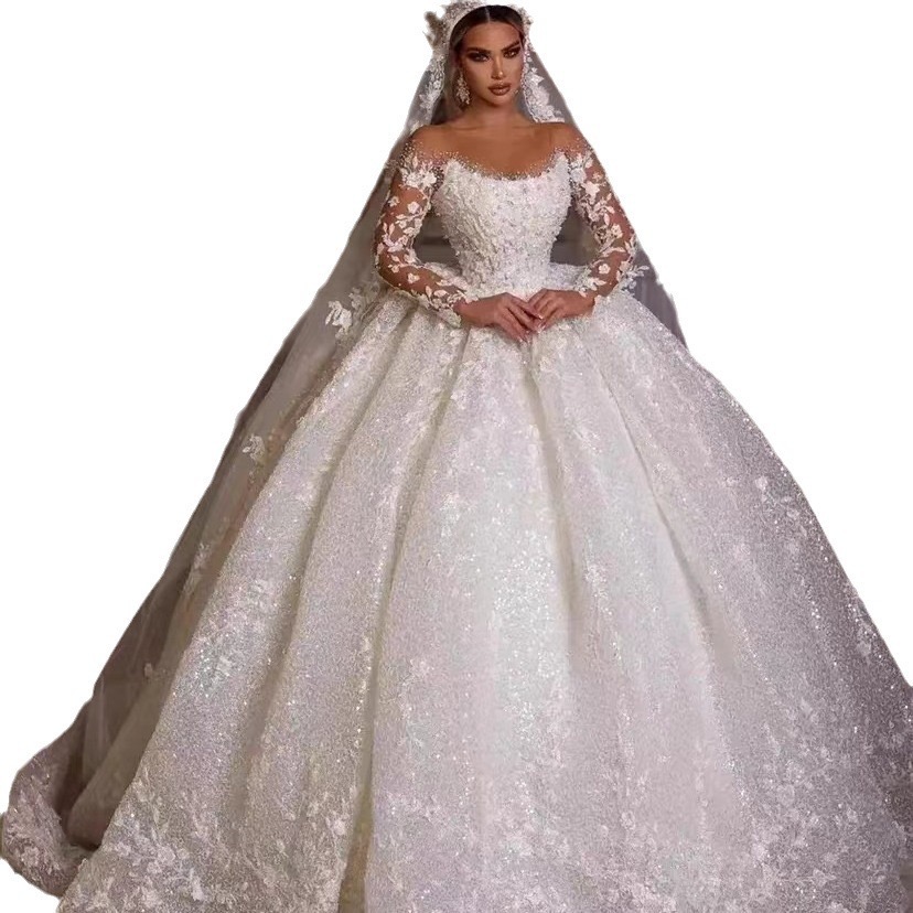 Sleeves Long Shiny Tulle Princess Garden Country Vintage Lace Sexy Plus Size Custom Made Wedding Dresses Ball Gowns Cathedral Train Bridal Dress