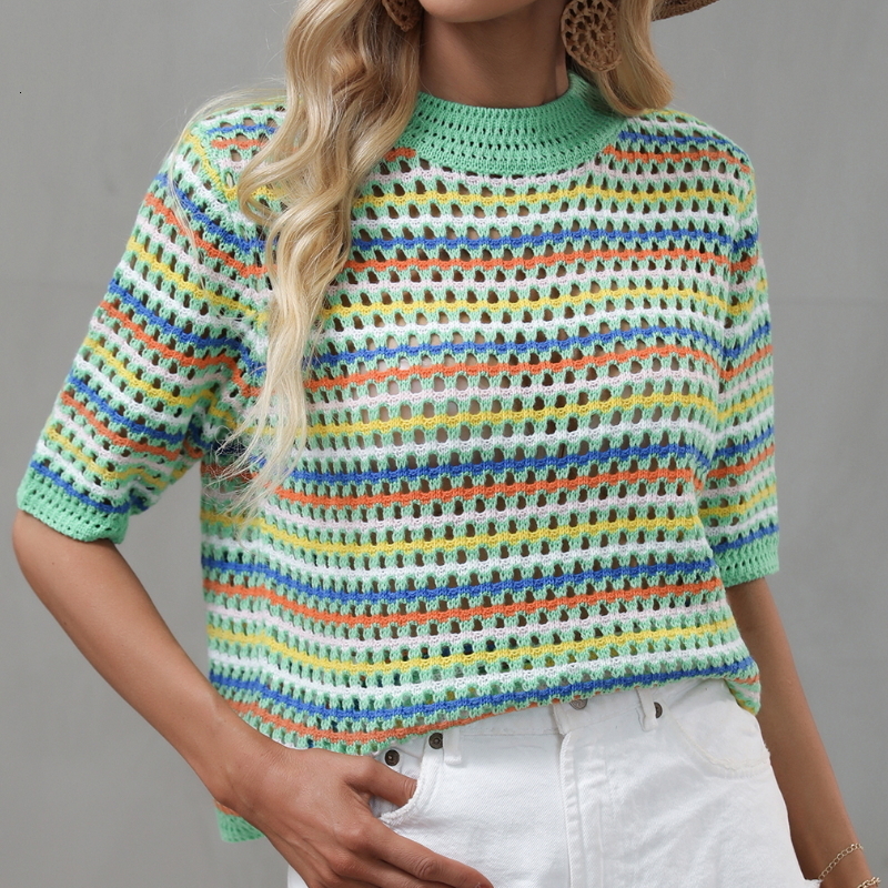 Women's T-Shirt Doury 90s Rainbow Hollow Out Knitwear Women See-through Striped T-Shirts Summer Boho Beach Style Cover-ups Crop Tops y2k 230426