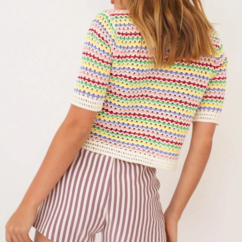 Women's T-Shirt Doury 90s Rainbow Hollow Out Knitwear Women See-through Striped T-Shirts Summer Boho Beach Style Cover-ups Crop Tops y2k 230426