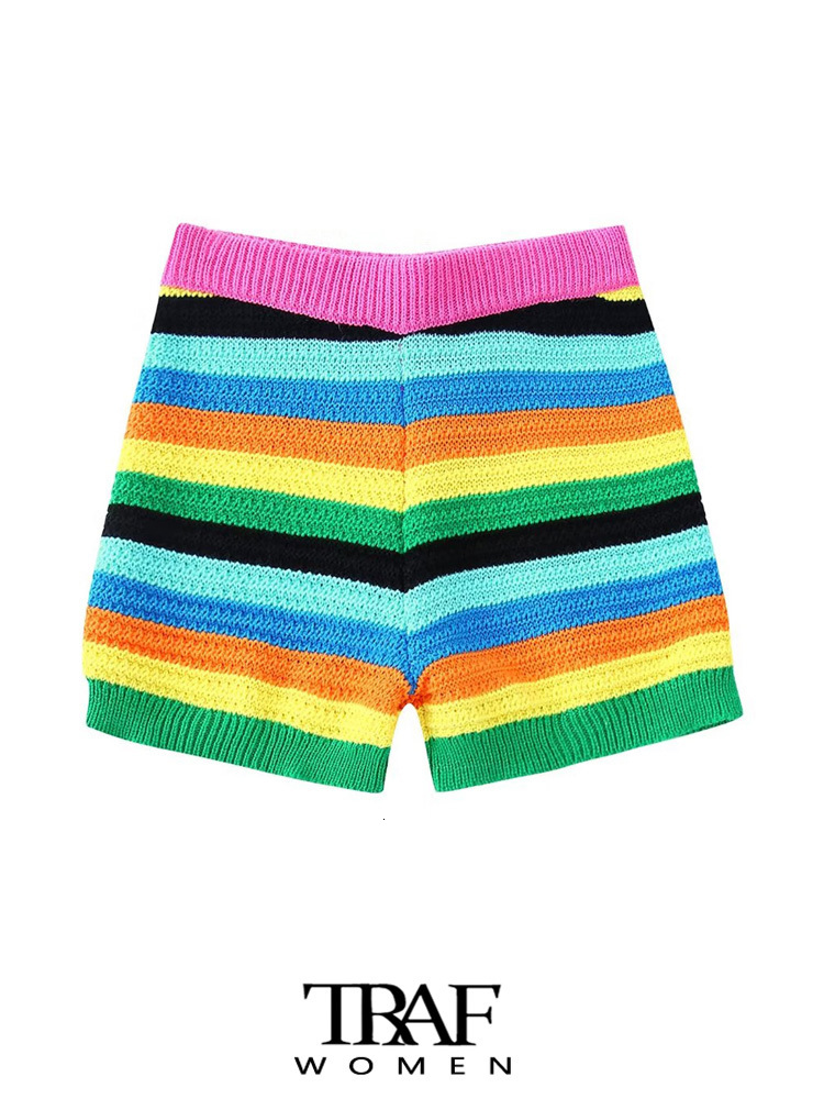 Women's Tracksuits TRAF Women Fashion Striped Knit Tank Tops And High Elastic Waist Shorts Female Two Piece Sets Mujer 230425