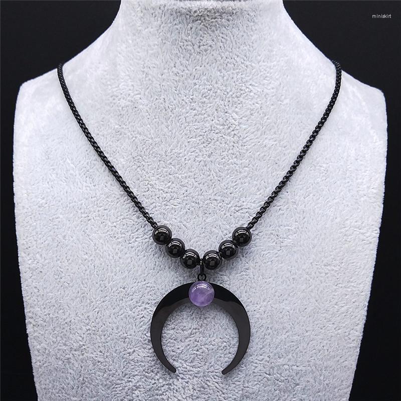 Pendant Necklaces Gothic Black Crescent Moon Stainless Steel Charm Purple Crystal Bead Necklace Jewelry Joyas Mujer N3107S06
Pendant Necklaces Gothic Black Crescent Moon Stainless Steel Charm Purple Crystal Bead Necklace Jewelry Joyas Mujer N3107S06